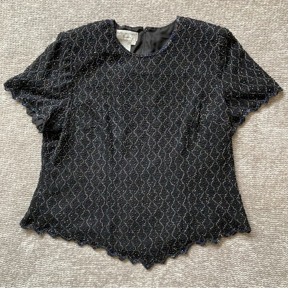 Vintage Papell Boutique‎ Silk Beaded Blouse Black Evening Top 1X
